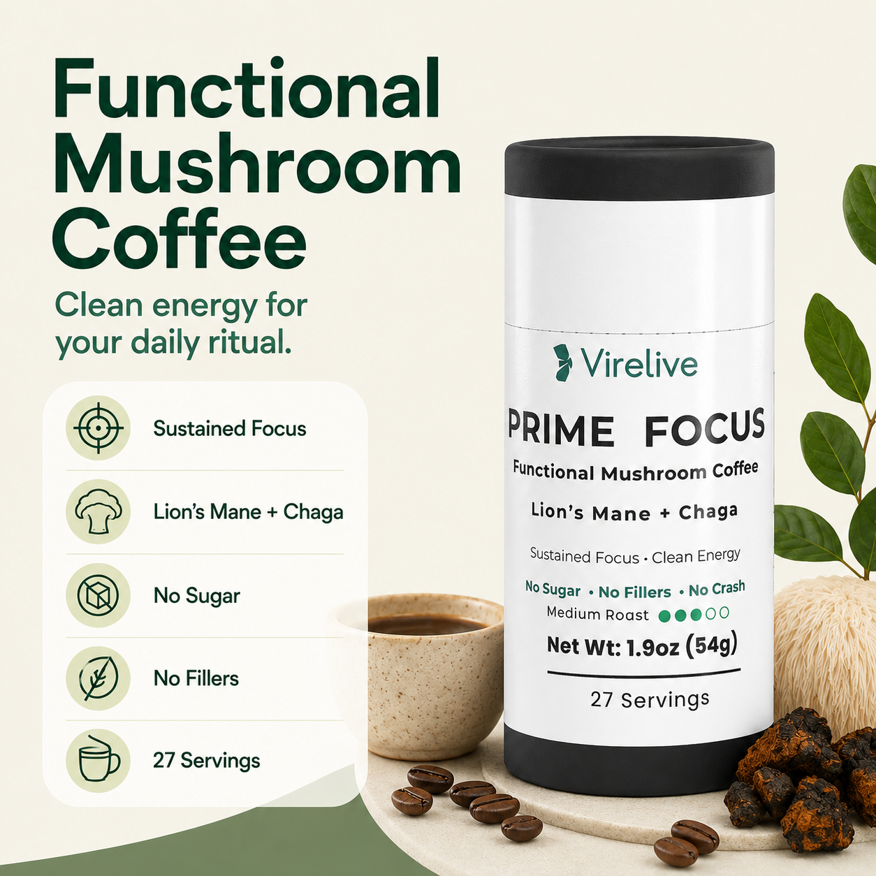 VireLive Prime Focus Mushroom Coffee